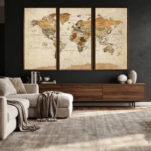 Rustic Vintage World Map Canvas Print – Framed Modern