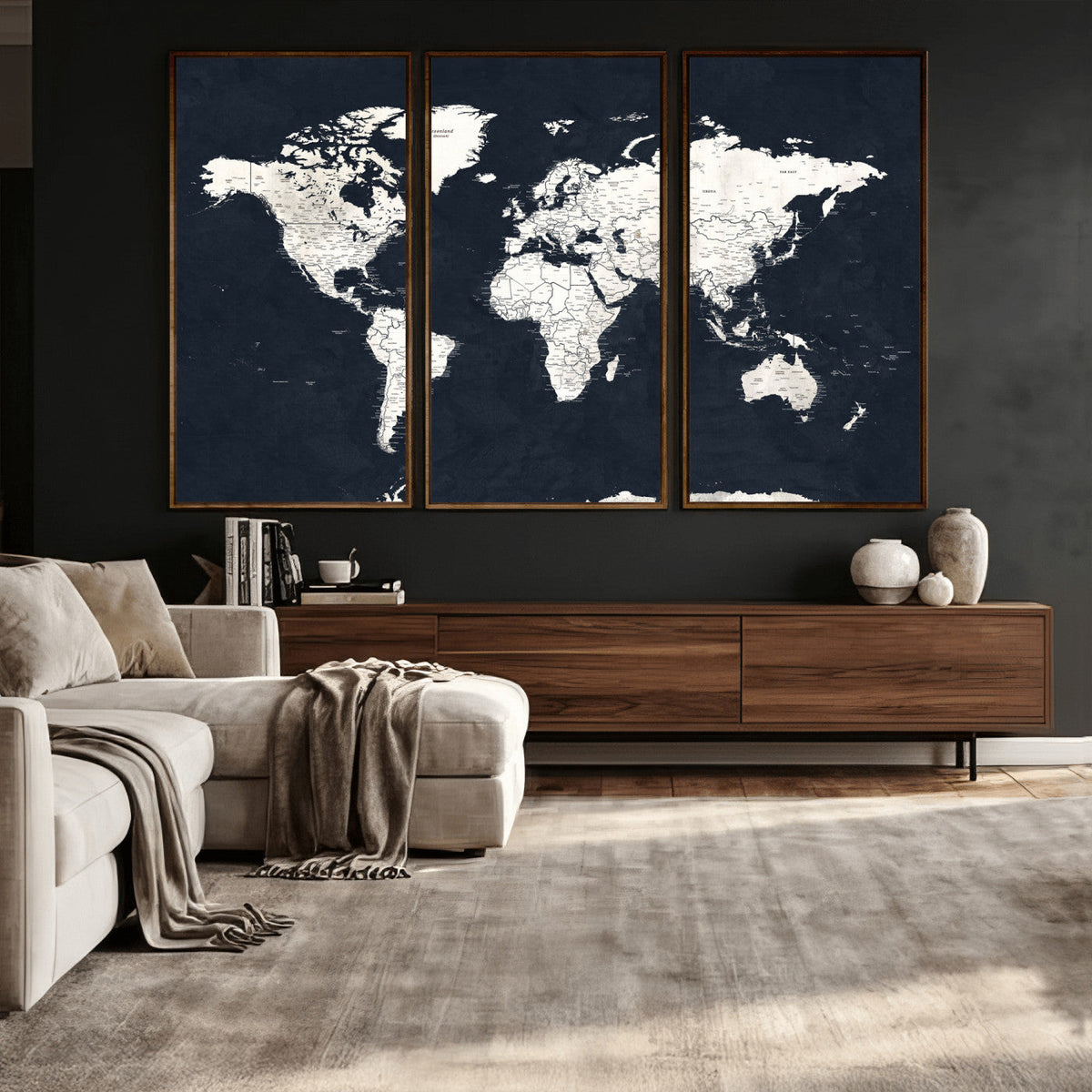 Black World Map Wall Art Canvas Print for Home Office and