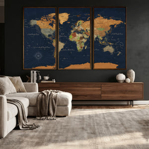 Modern World Map Canvas Print – Framed Detailed Map of the