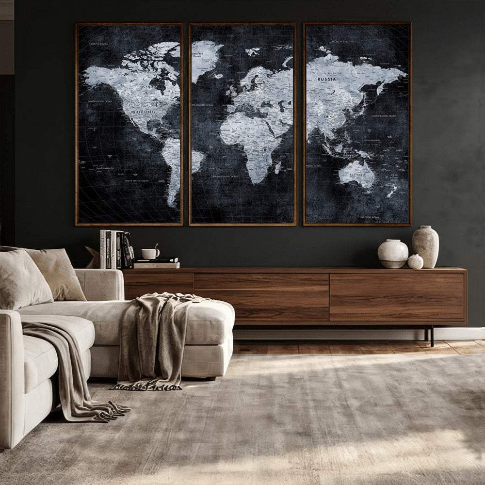 Black World Map Canvas Print – Detailed Map for Couples and