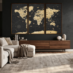 Vintage Blue and Brown World Map Canvas Wall Art – Framed