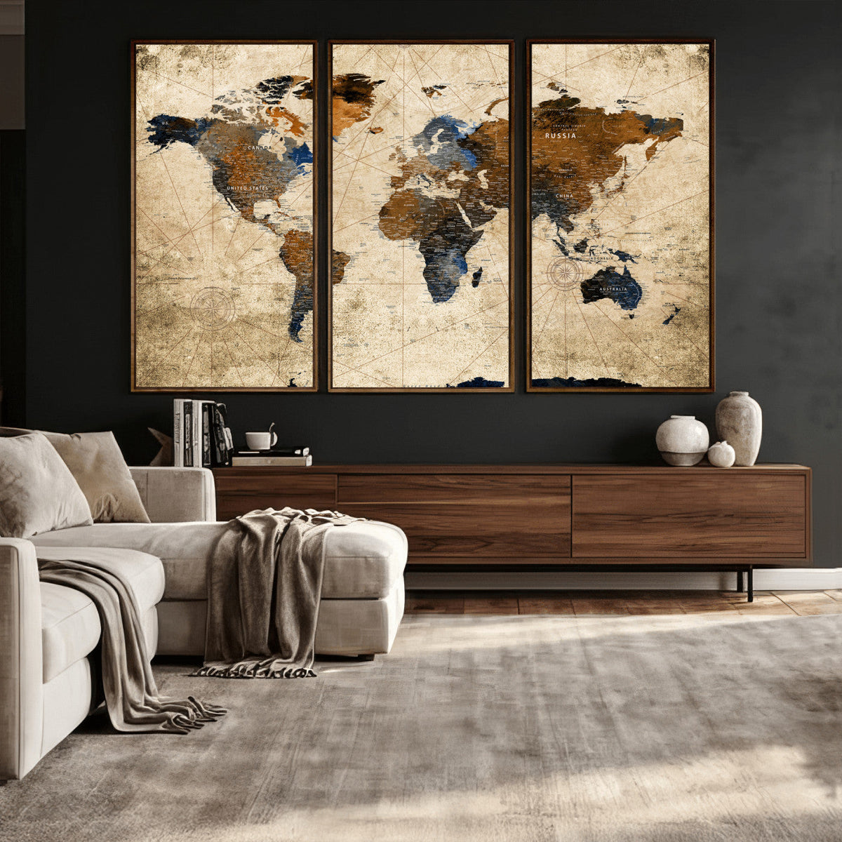 World Map Wall Art – Rustic Earth Tone Canvas Print, Antique