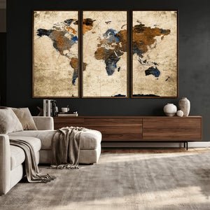 World Map Wall Art – Rustic Earth Tone Canvas Print, Antique