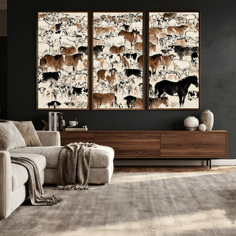 Farmhouse Animals Horse Longhorn Cow Wall Art Canvas Print -