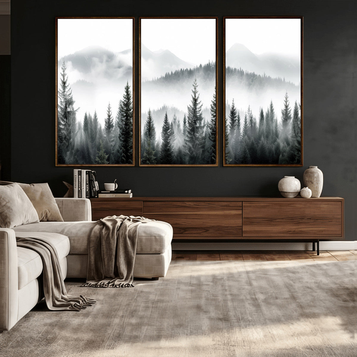 Misty Pine Forest Mountain Landscape Wall Art Canvas Print