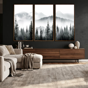 Misty Pine Forest Mountain Landscape Wall Art Canvas Print