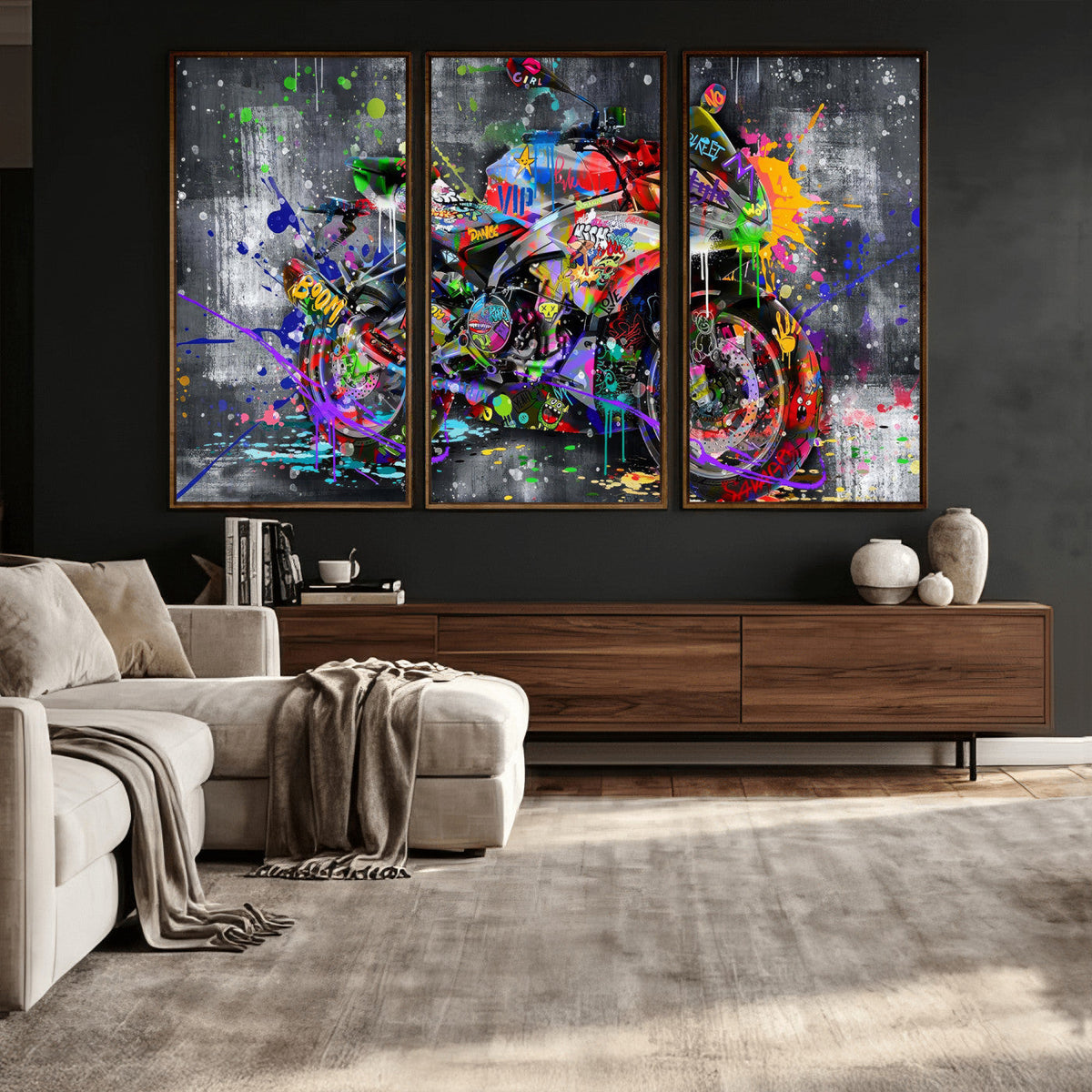 Graffiti Motorcycle Wall Art Canvas Print, Urban Street Art