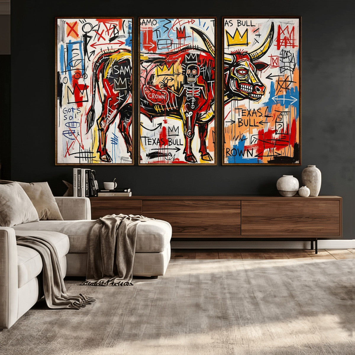Texas Bull Wall Art Canvas Print, Abstract Graffiti Bull