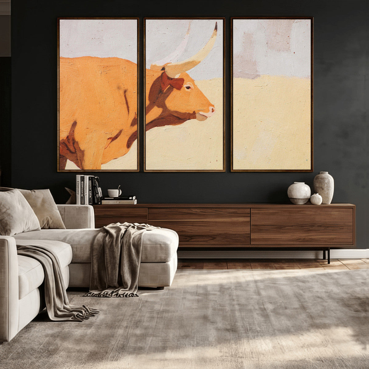 Minimal Longhorn Bull Wall Art Canvas Print, Neutral Western