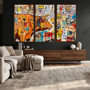 Basquiat Style Bull Graffiti Wall Art Canvas Print, Street