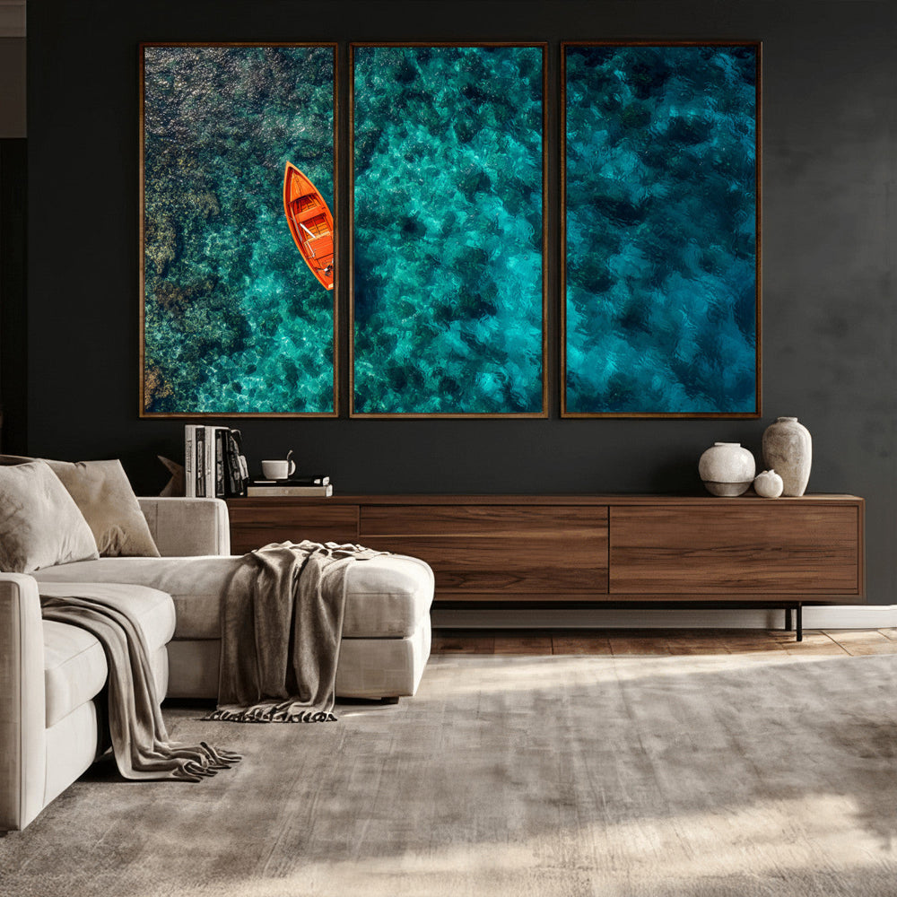Turquoise Ocean Boat Wall Art Canvas Print