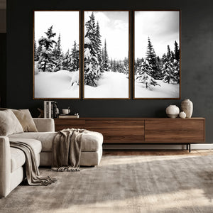 Black and White Snowy Pine Forest Wall Art Canvas Print,