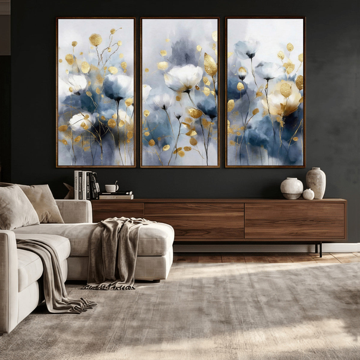 Large Abstract Flowers Wall Art Canvas Print – Gold and Blue
