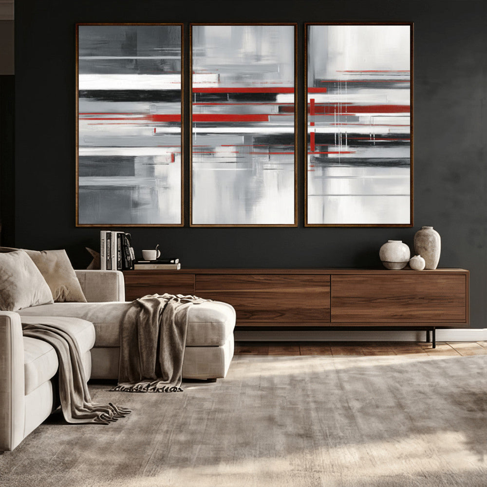 Gray Red Abstract Wall Art Canvas Print, Modern Abstract