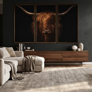 Highland Cow Wall Art Canvas Print – Moody Dark Rustic