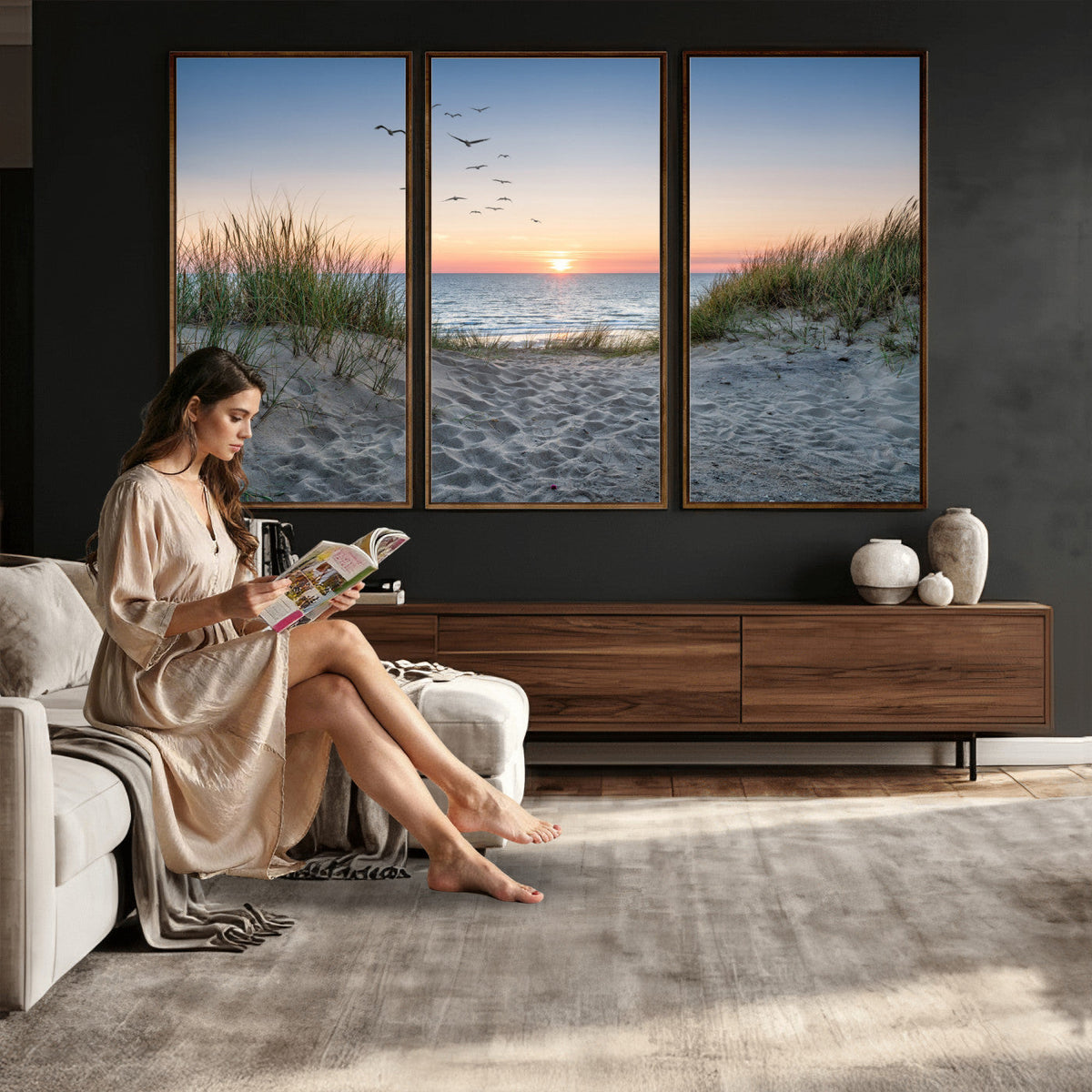 Sandy Dune Path Sunset Canvas Wall Art — Seagulls Beach