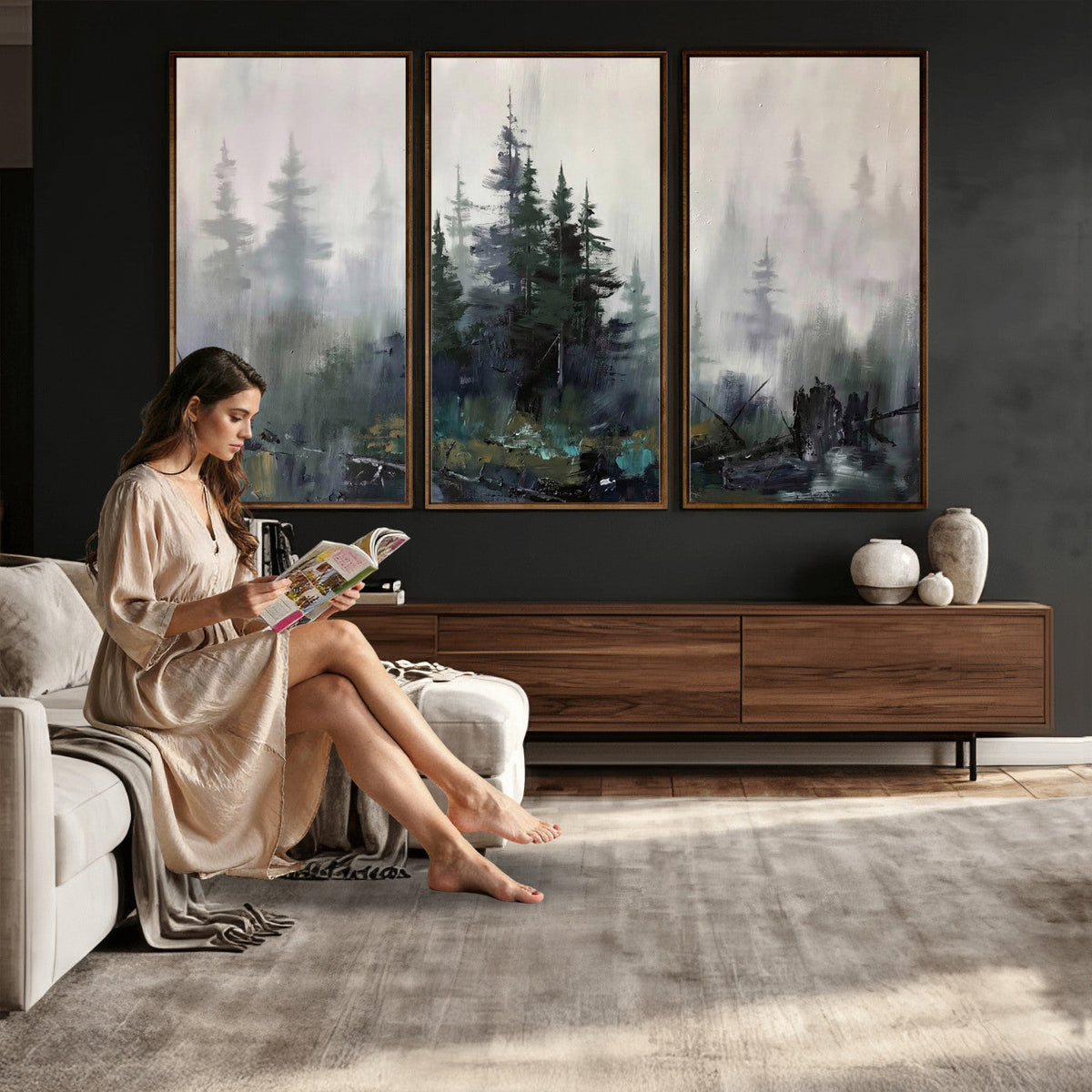 Misty Pine Forest Oil Painting Canvas — Dark Moody Teal Grey