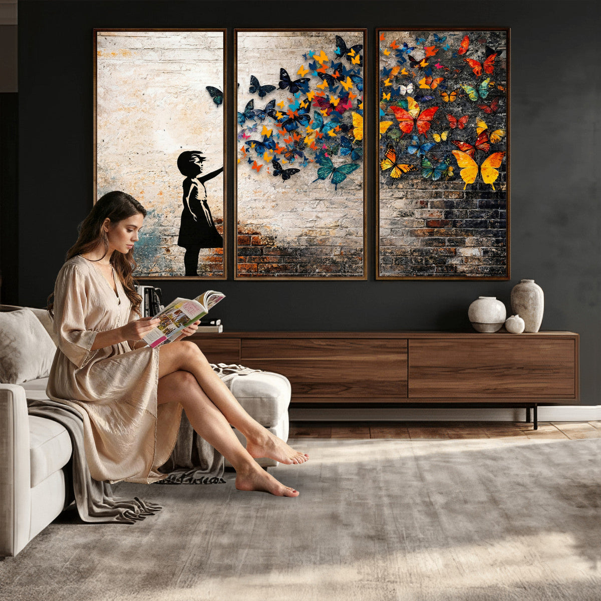 Banksy Graffiti Butterfly Girl Wall Art Canvas Print, Framed