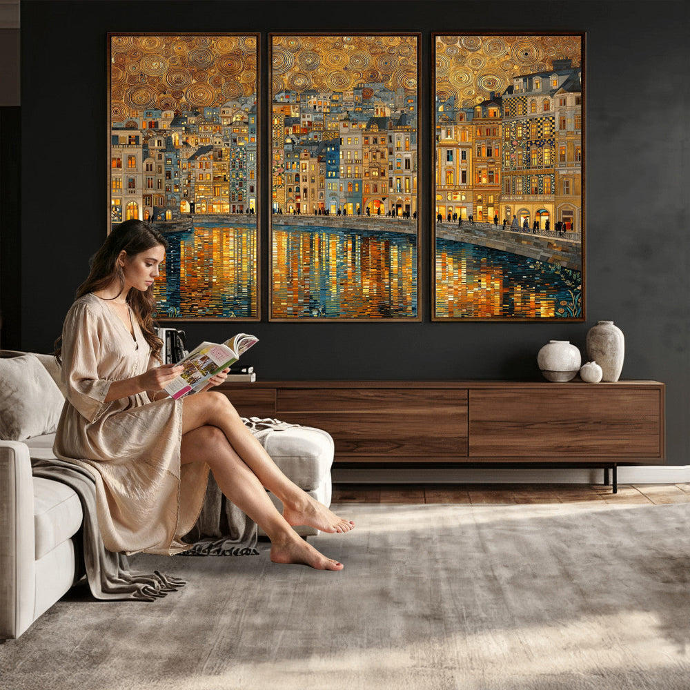 Gustav Klimt Golden Cityscape Wall Art Canvas Print, Framed