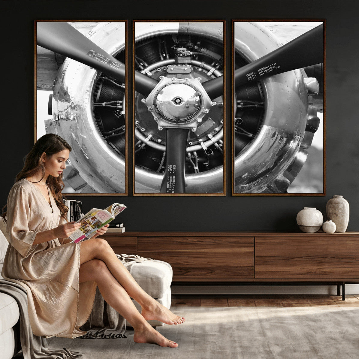 Vintage Propeller Plane Wall Art Canvas Print, Black and