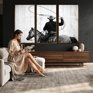 Cowboy Lasso Canvas Wall Art, Black White Western Horse