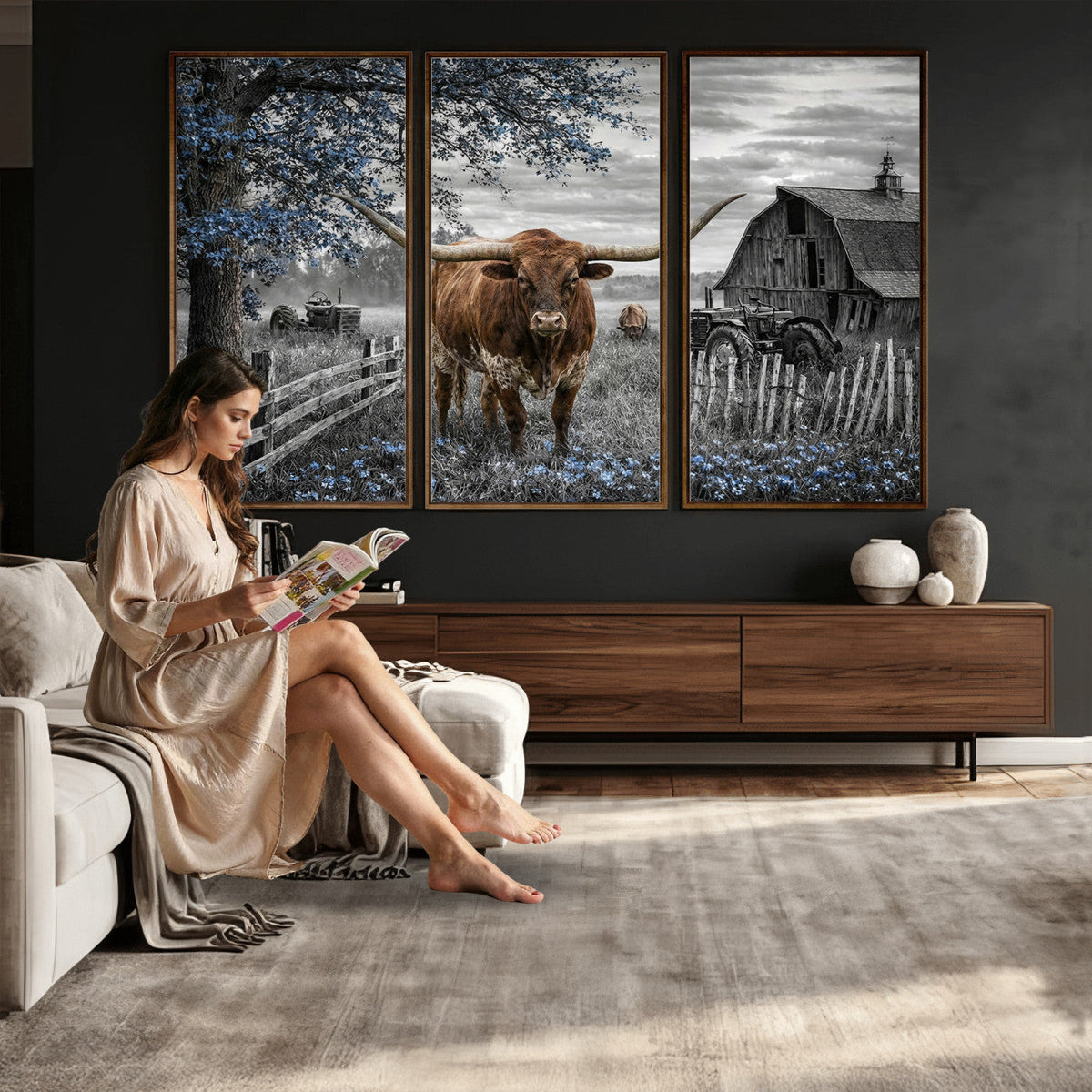 Texas Longhorn Canvas Wall Art, Rustic Farm Barn Bluebonnet