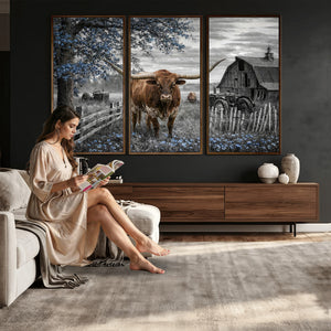 Texas Longhorn Canvas Wall Art, Rustic Farm Barn Bluebonnet