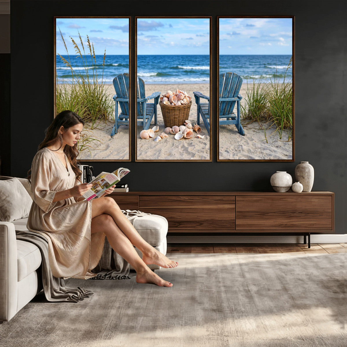 Large Beach Canvas Wall Art Coastal Adirondack Chairs Ocean