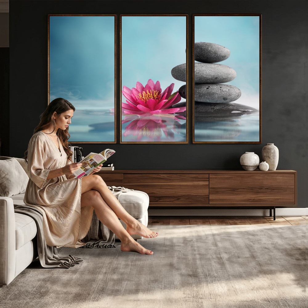 Zen Canvas Wall Art Lotus Flower Stacked Stones Teal Spa