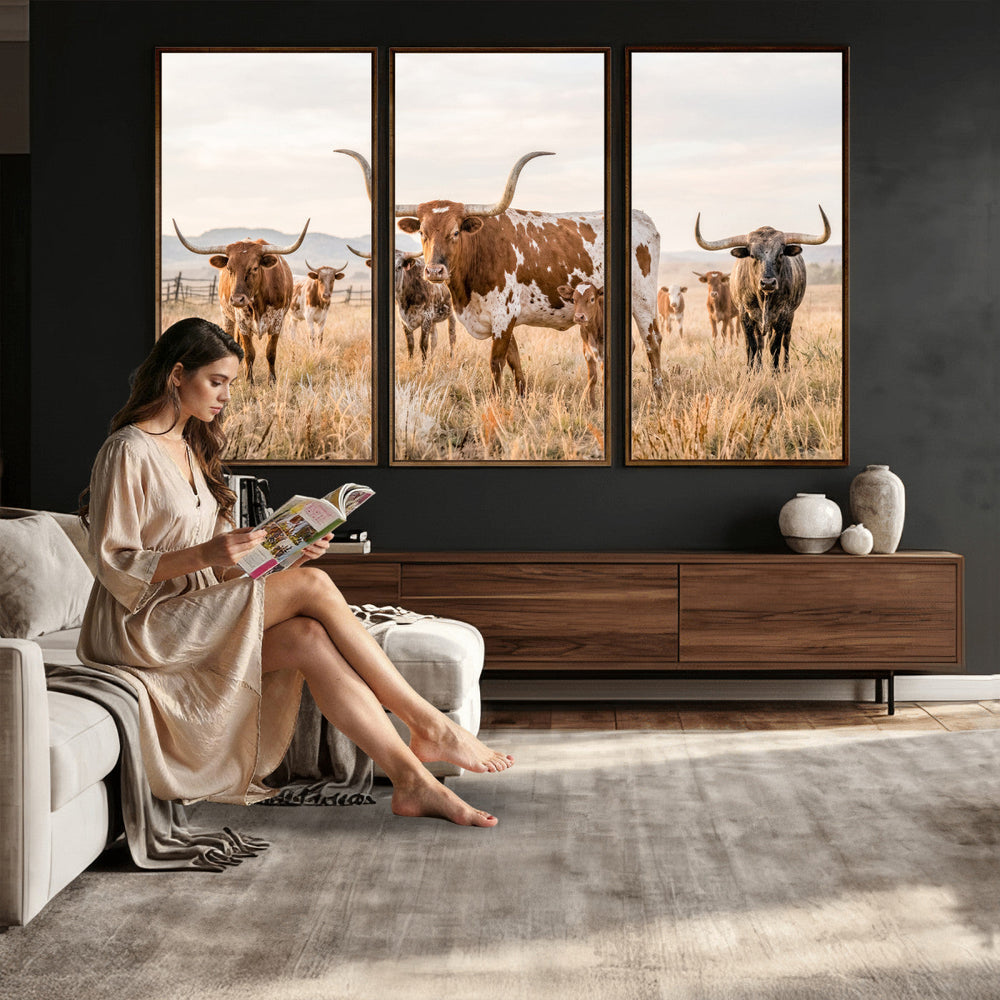 Texas Longhorn Canvas Wall Art, Rustic Farm Animal Photography Print, Farmhouse Country Decor, Western Ranch Art