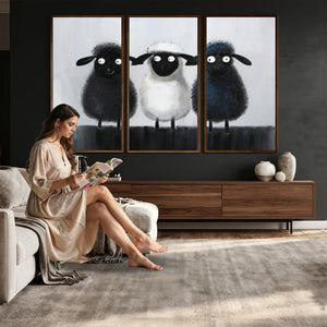 Funny Sheep Canvas Wall Art, Three Quirky Sheep Painting Print, Cute Animal Nursery Decor, Black White Navy Farmhouse Art, Kids Room Gift