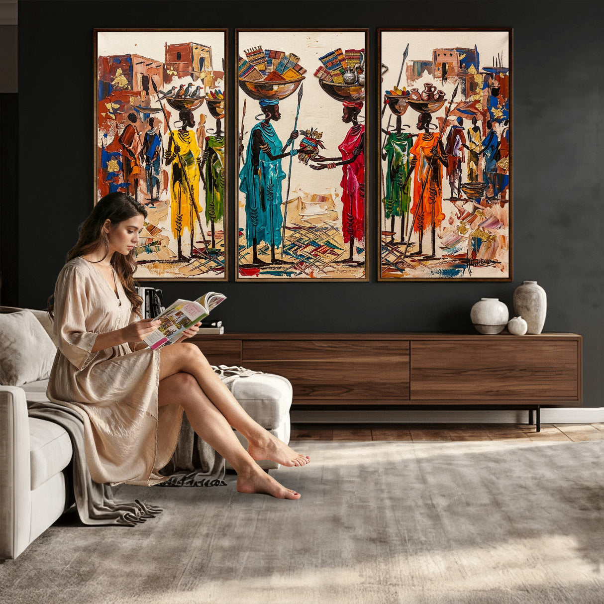 African Folk Art Canvas Wall Art, Colorful African Women Village Painting Print, Tribal Ethnic Home Decor, Vibrant African Art, Living Room