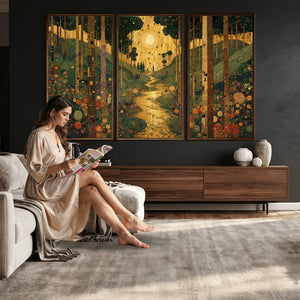 Gustav Klimt Style Forest Canvas Wall Art, Golden Forest Path Floral Art Nouveau Print, Enchanted Woodland Decor
