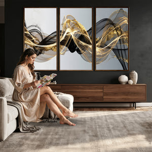 Black and Gold Abstract Wall Art, Modern Wave Canvas Print, Elegant Flowing Smoke Art, Luxury Living Room Decor