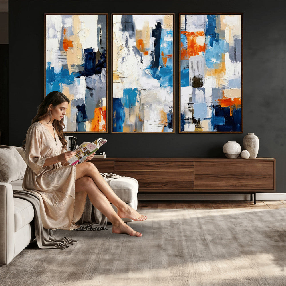 Blue Teal Abstract Canvas Wall Art, Modern Textured Painting Print, Navy Orange White Contemporary Art, Neutral Living Room Decor, Office Art
