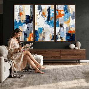 Blue Teal Abstract Canvas Wall Art, Modern Textured Painting Print, Navy Orange White Contemporary Art, Neutral Living Room Decor, Office Art
