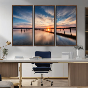 Wooden Pier on Seascape and Sunset Wall Art Canvas Print