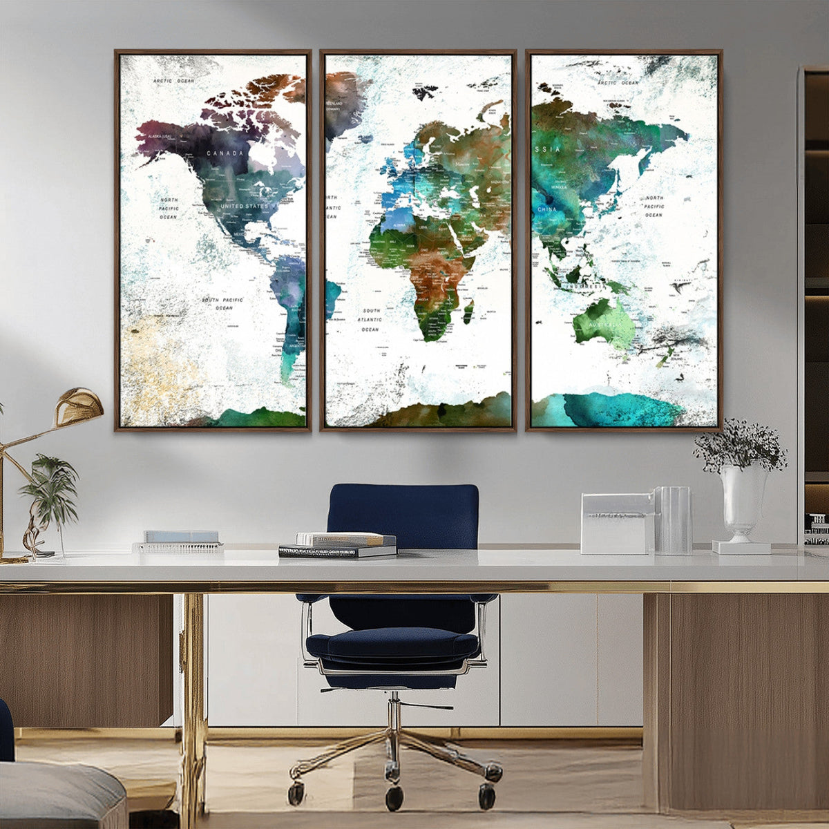 Modern Watercolor World Map Canvas Wall Art – Framed