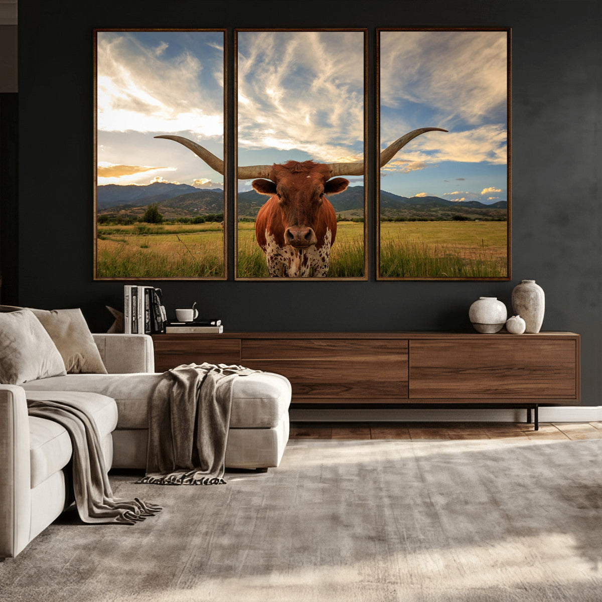 Texas Longhorn Canvas Wall Art – Majestic Triptych Animal