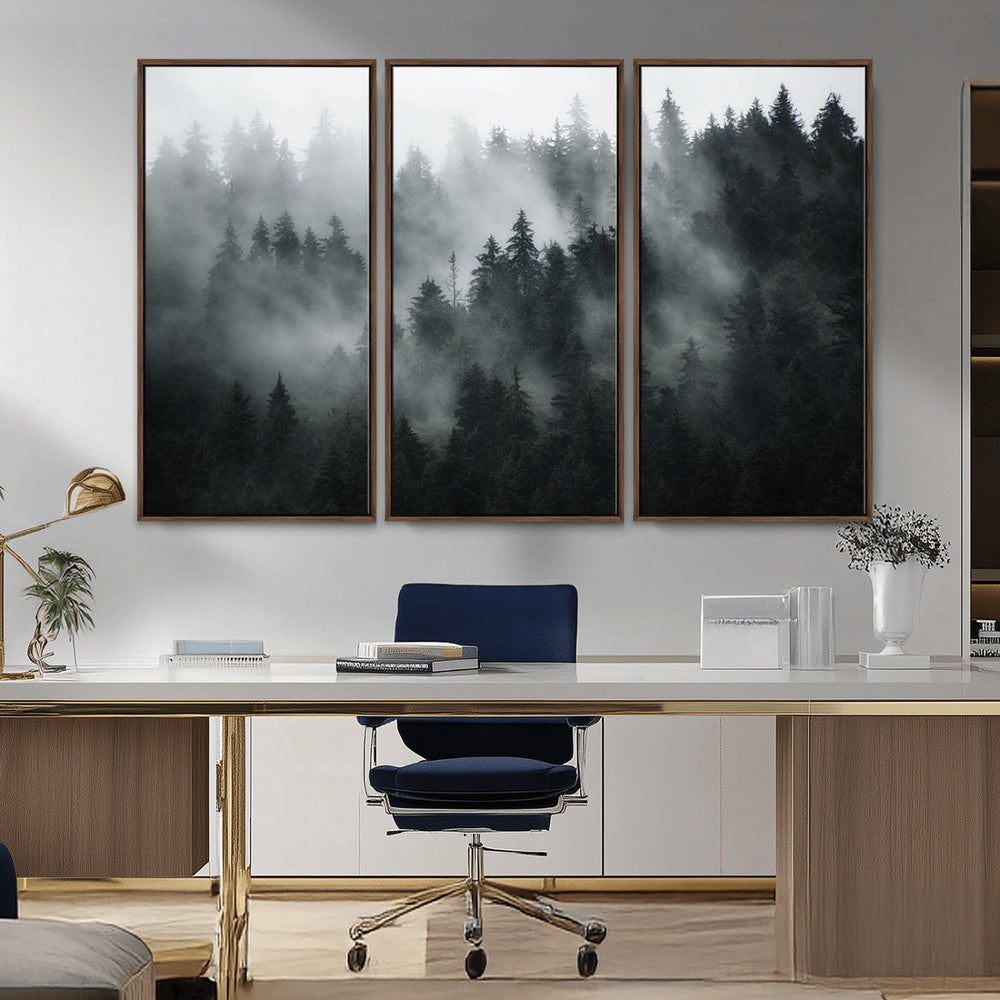 Foggy Forest Wall Art Canvas Print | 3 Panel Large Misty
