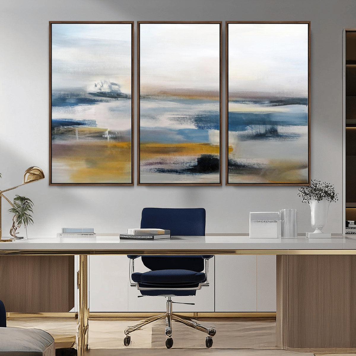 Abstract Landscape Wall Art Canvas | 3 Panel Modern Blue,