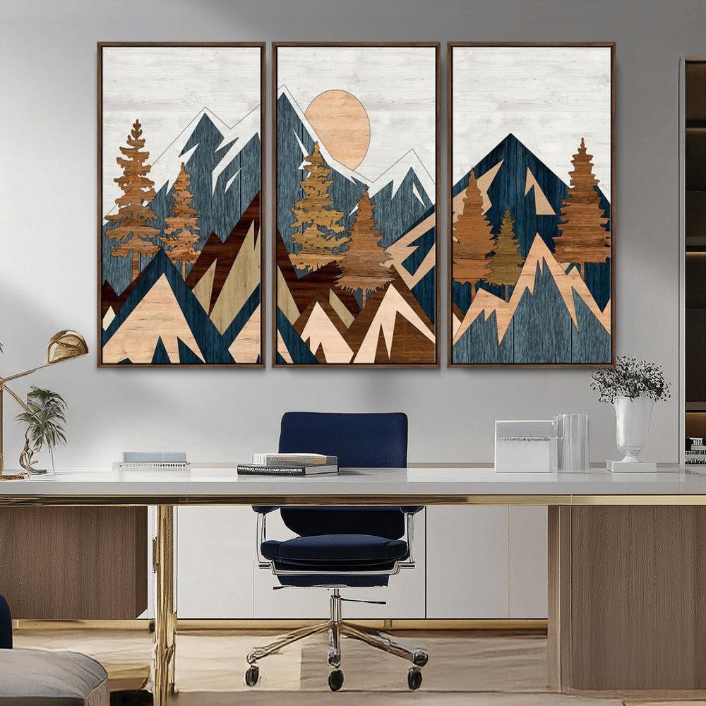 Abstract Wood Panel Effect Mountain Range Top Wall Art