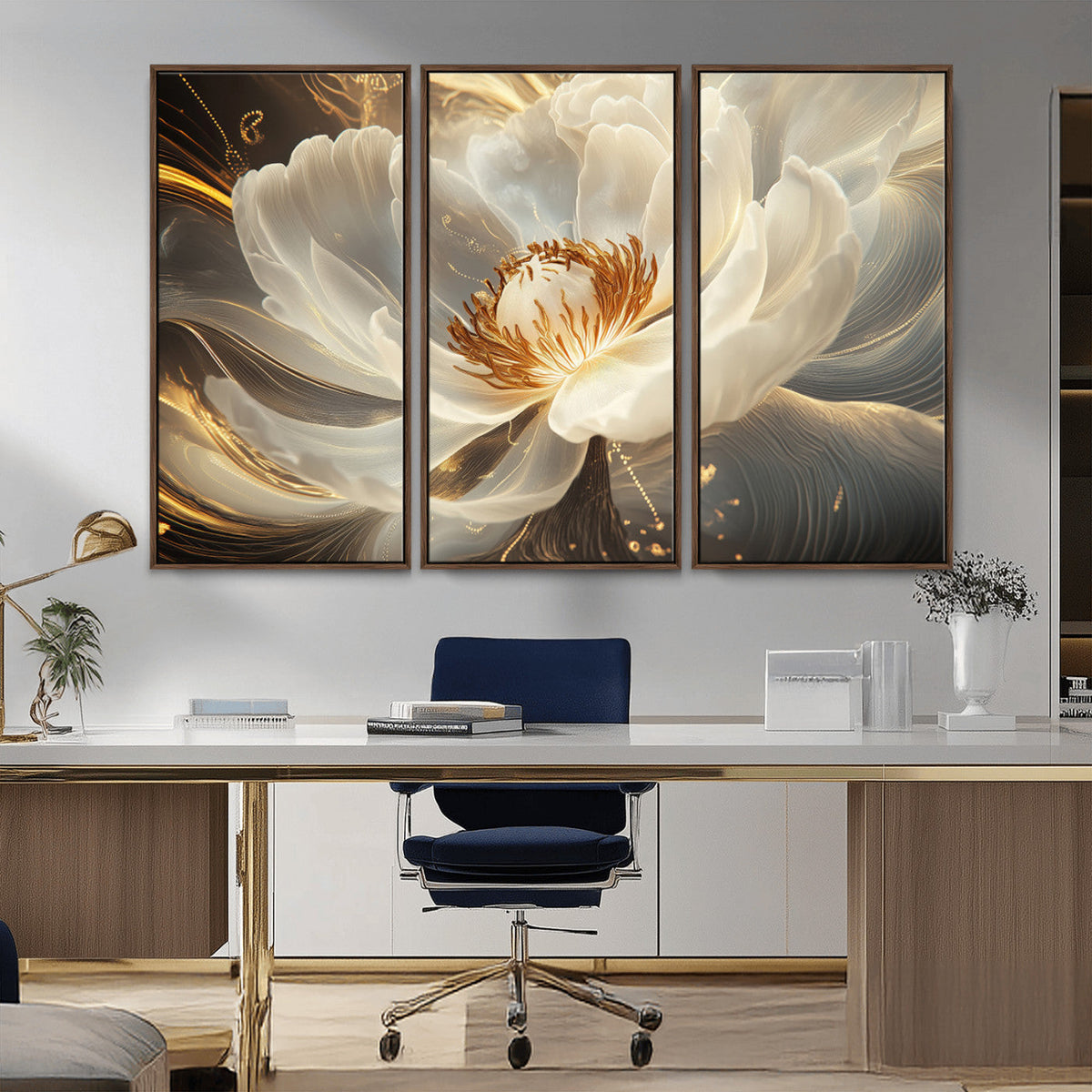 Gold Floral Wall Art Canvas Print, Framed Modern Flower Art