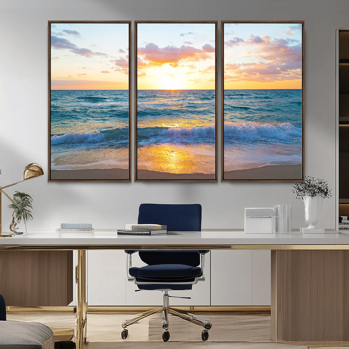 Golden Sunset Over Ocean Waves - Serene Coastal Triptych