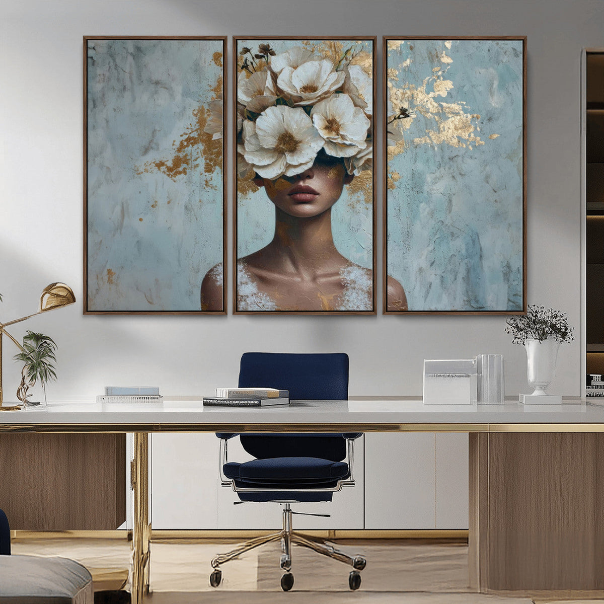 Golden Petal Wall Art - Petal Silhouette Woman Wall Art
