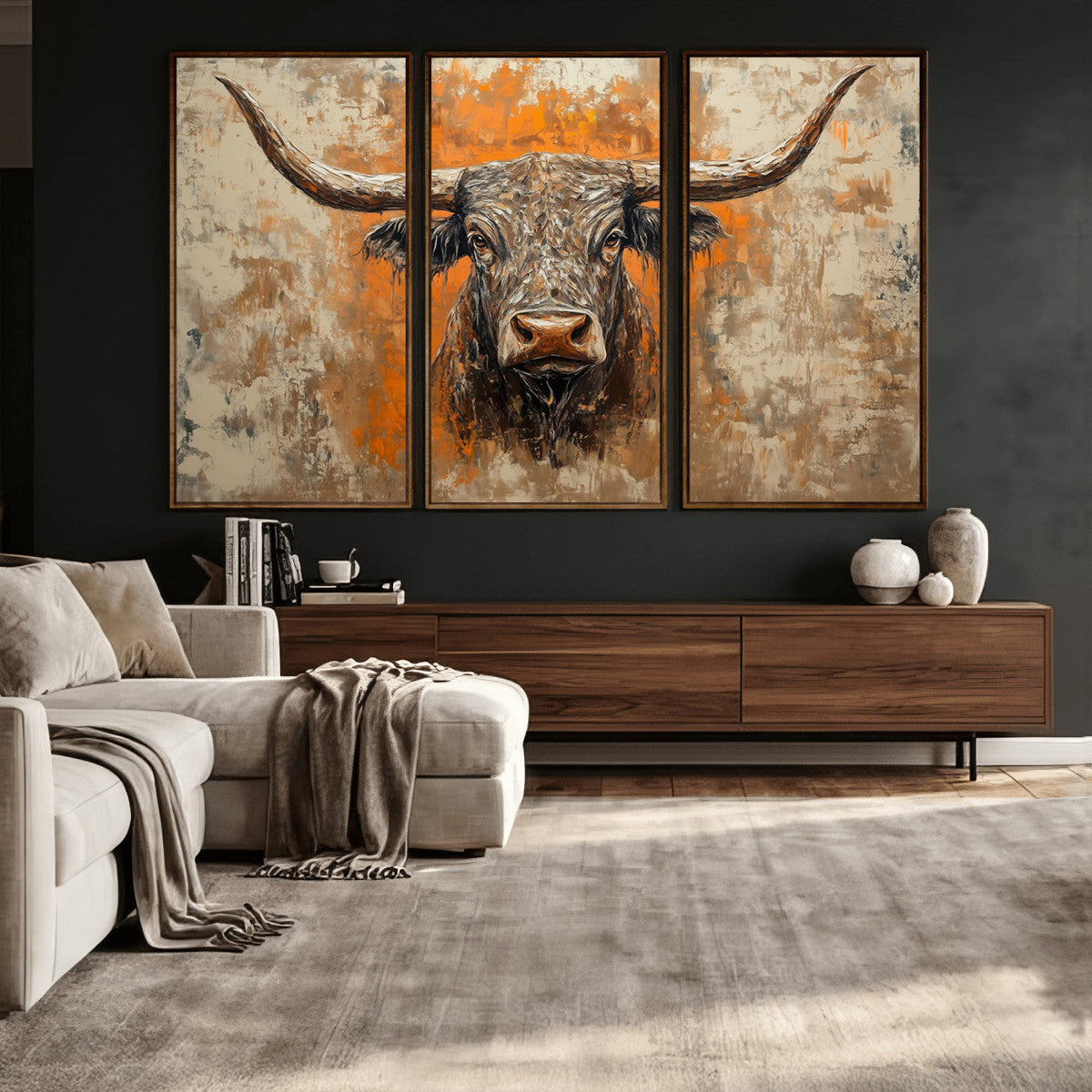 Abstract Cow Longhorn Bull Wall Art Canvas Print - Rustic