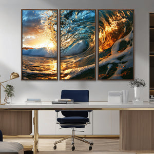 Ocean Wave at Sunset Canvas Wall Art – Vibrant Coastal Beach