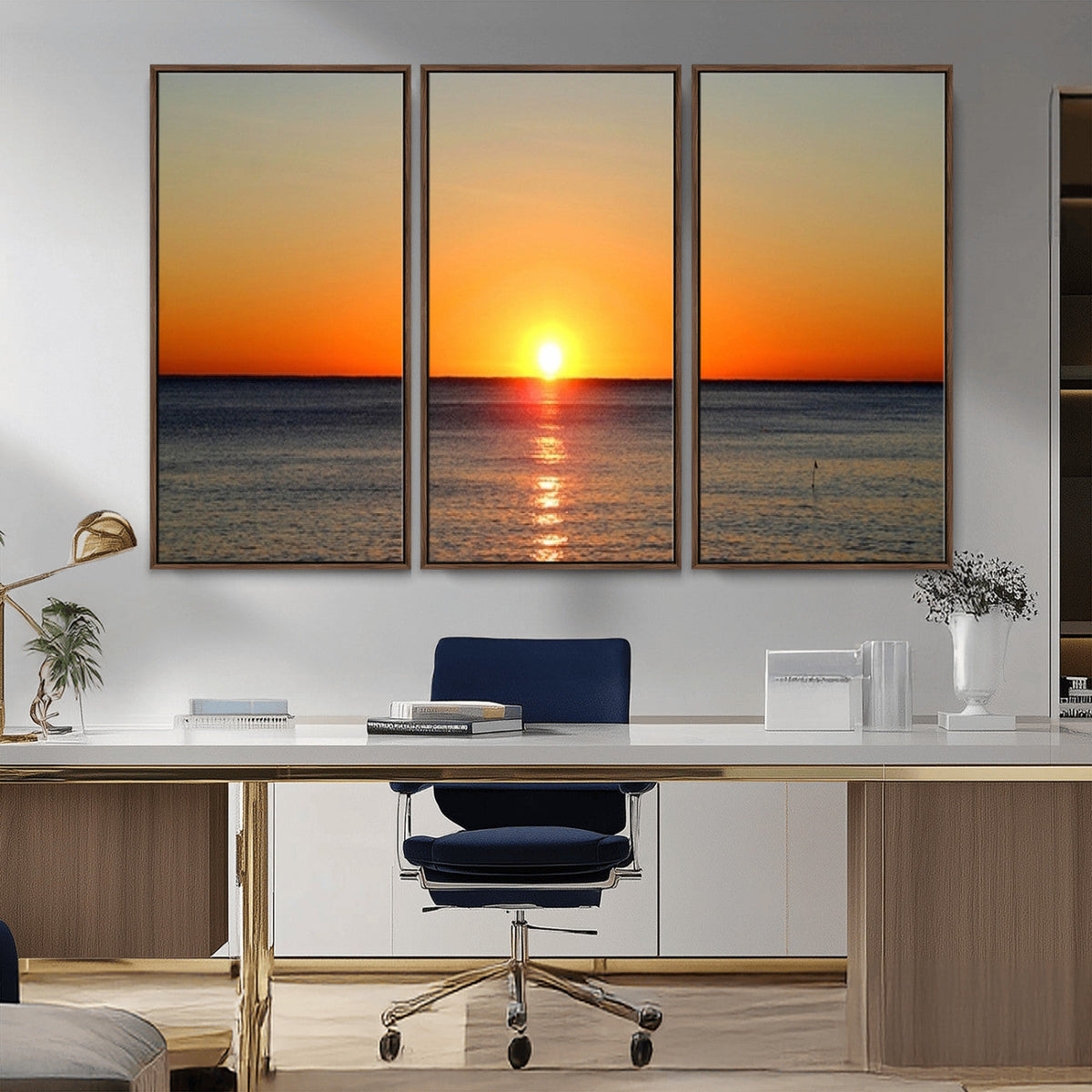 Golden Horizon Sunset Over Ocean Wall Art Canvas Print –