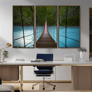 Suspension Bridge Over River Canvas Art | 3-Panel Nature