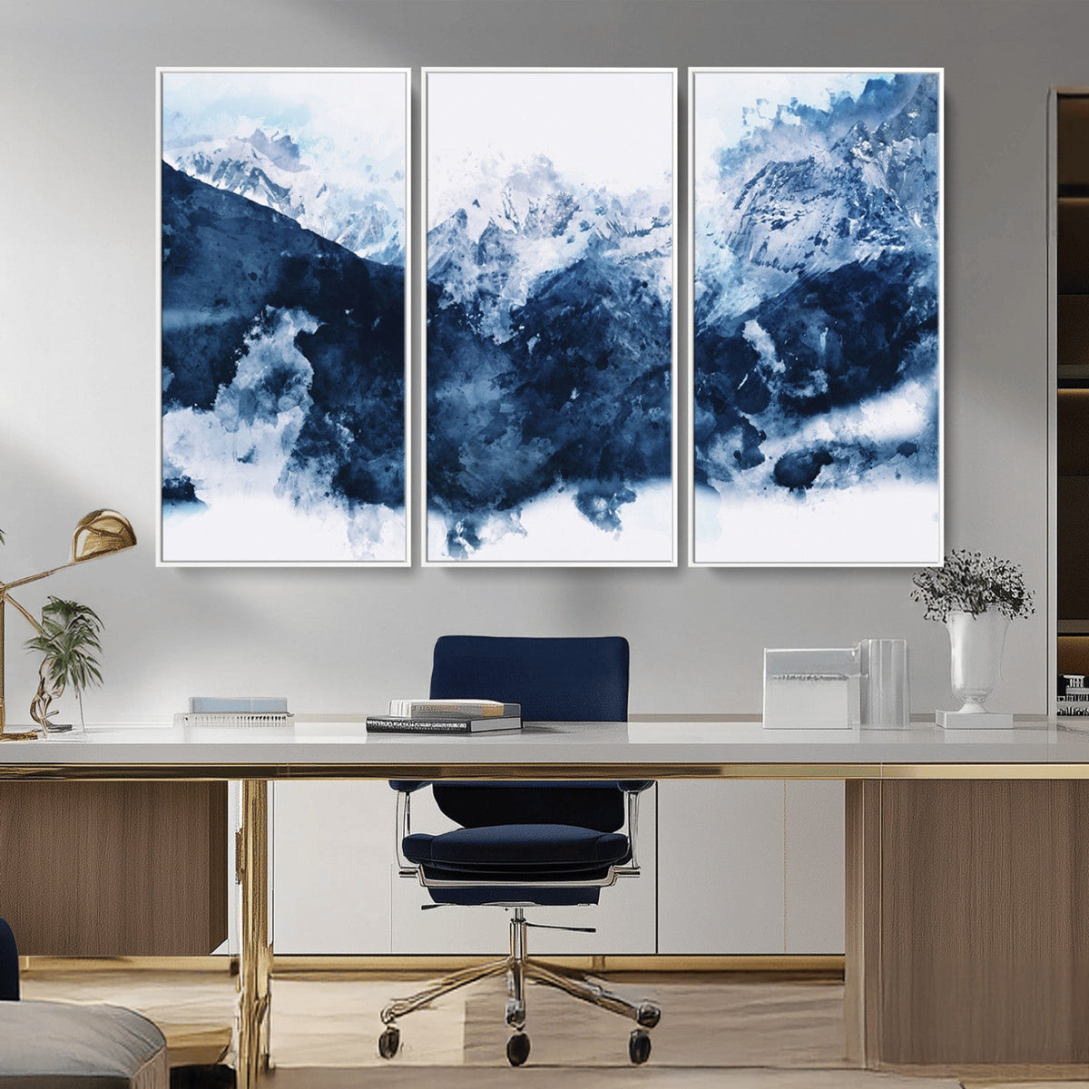 Abstract Blue Mountain Canvas Wall Art – Modern Triptych